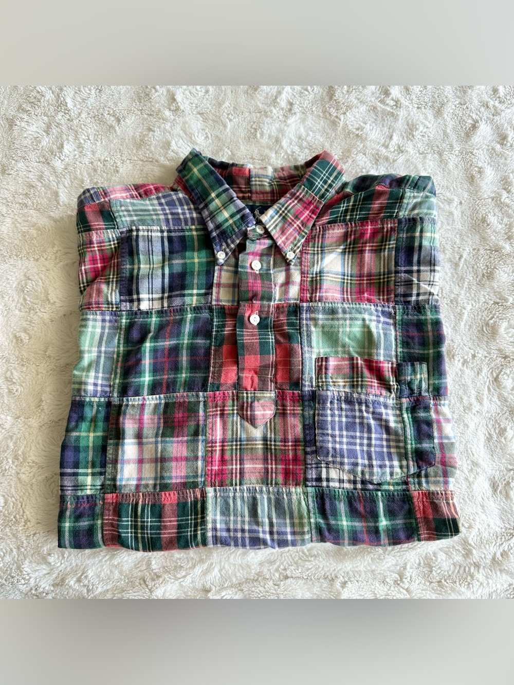 Vintage Ralph Lauren Polo Shirt Mens XL Red Green Patchwork Madras Plaid 90s Vtg